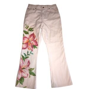 Lauren Jeans Co Size 10 White Painted Pink Flower Floral Bootcut Ralph Flawed